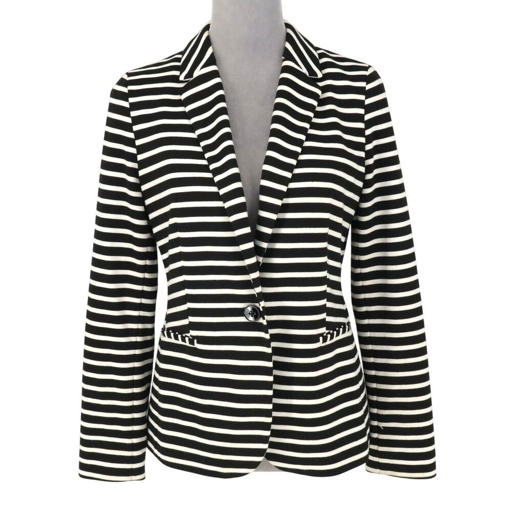 Chicos Jacket 0 Womens 4 Small Black White Lined Stretch Knit Blazer Nautical